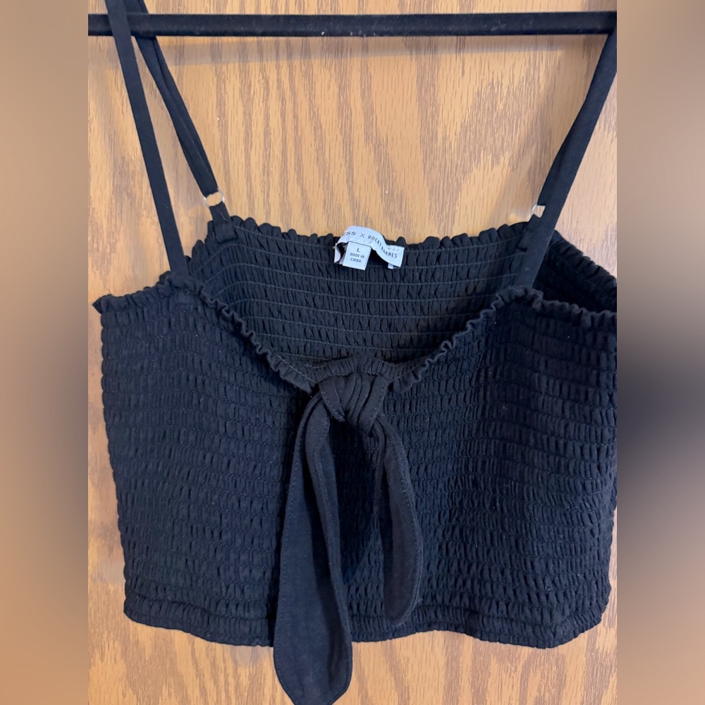 Express X Rocky Barnes Size Large, Black Smocked Tie-Front Top. Stretchy.